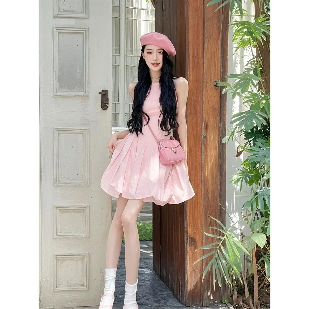 【bing】2025春季流行单品穿搭miu里miu气多巴胺绝美粉色背心连衣裙