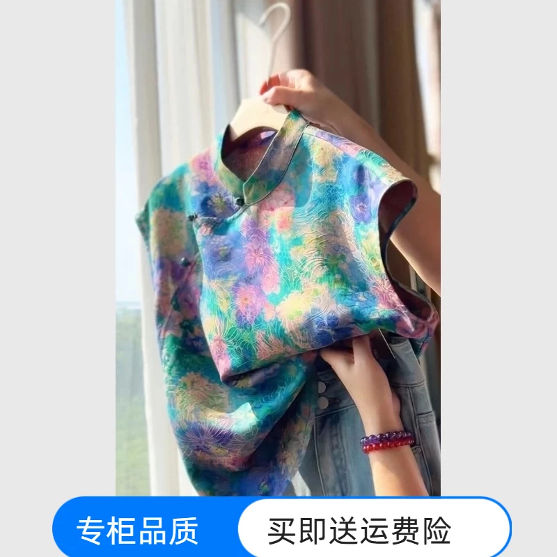 2025新款夏日漂亮今年流行爆款新中式国风盘扣立领花色T恤上衣