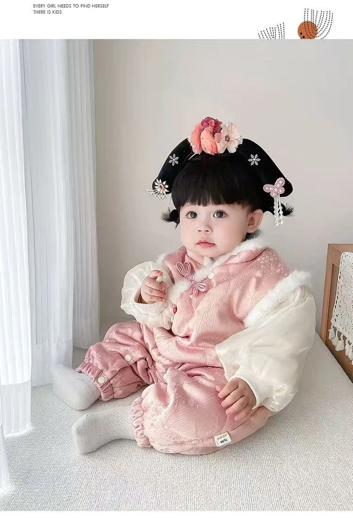 2025冬季新年装婴幼儿斜门襟连身衣 女童网纱古风童爬服