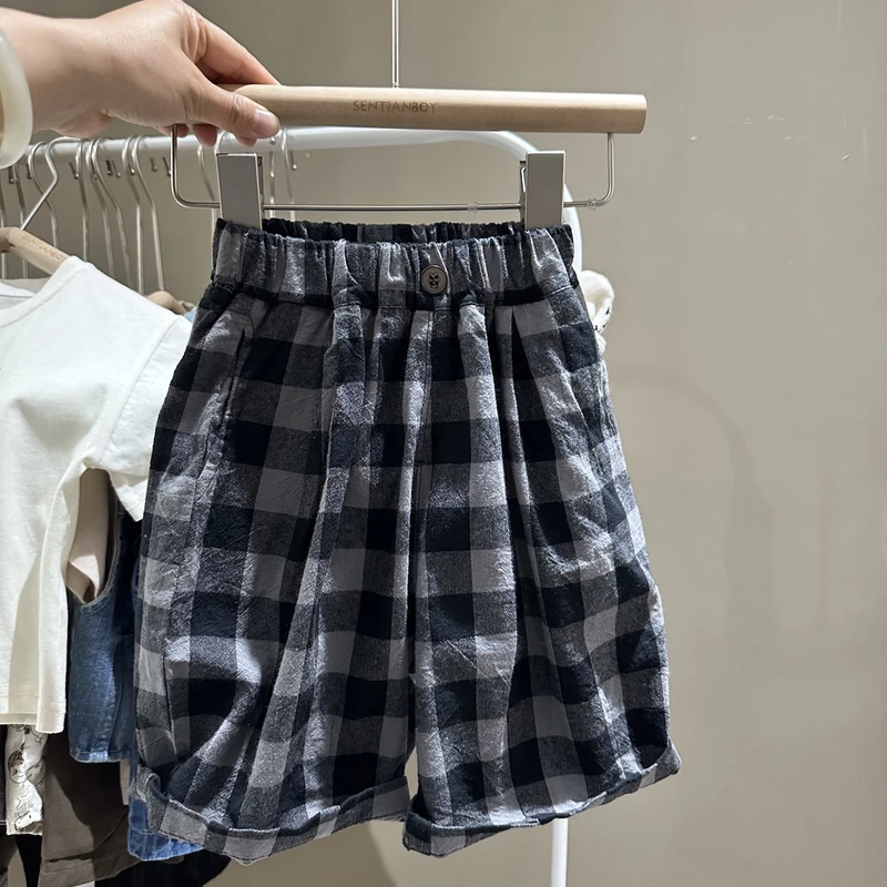 男女童棉麻时尚韩版夏款格子七分裤