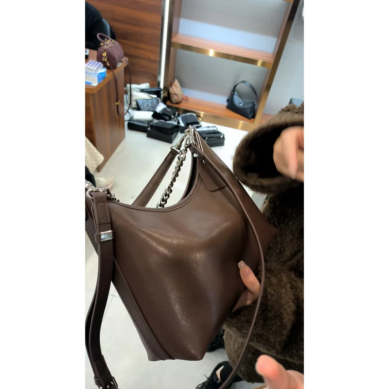 YUSHA/高档咖色阿扣链条单肩饭盒包-8615