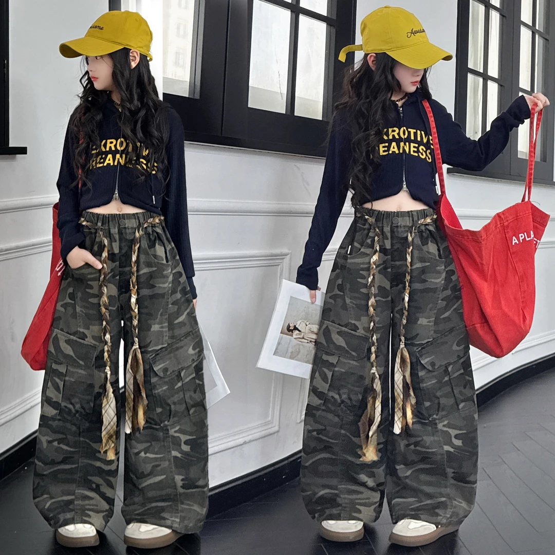 女童网红复古美式迷彩工装裤女大童时髦阔腿裤春秋休闲酷飒帽衫潮