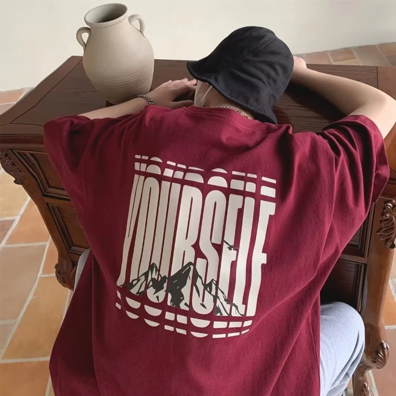 圆领短袖男款夏季宽松白色个性男t上衣重磅纯棉字母印花男款短袖T