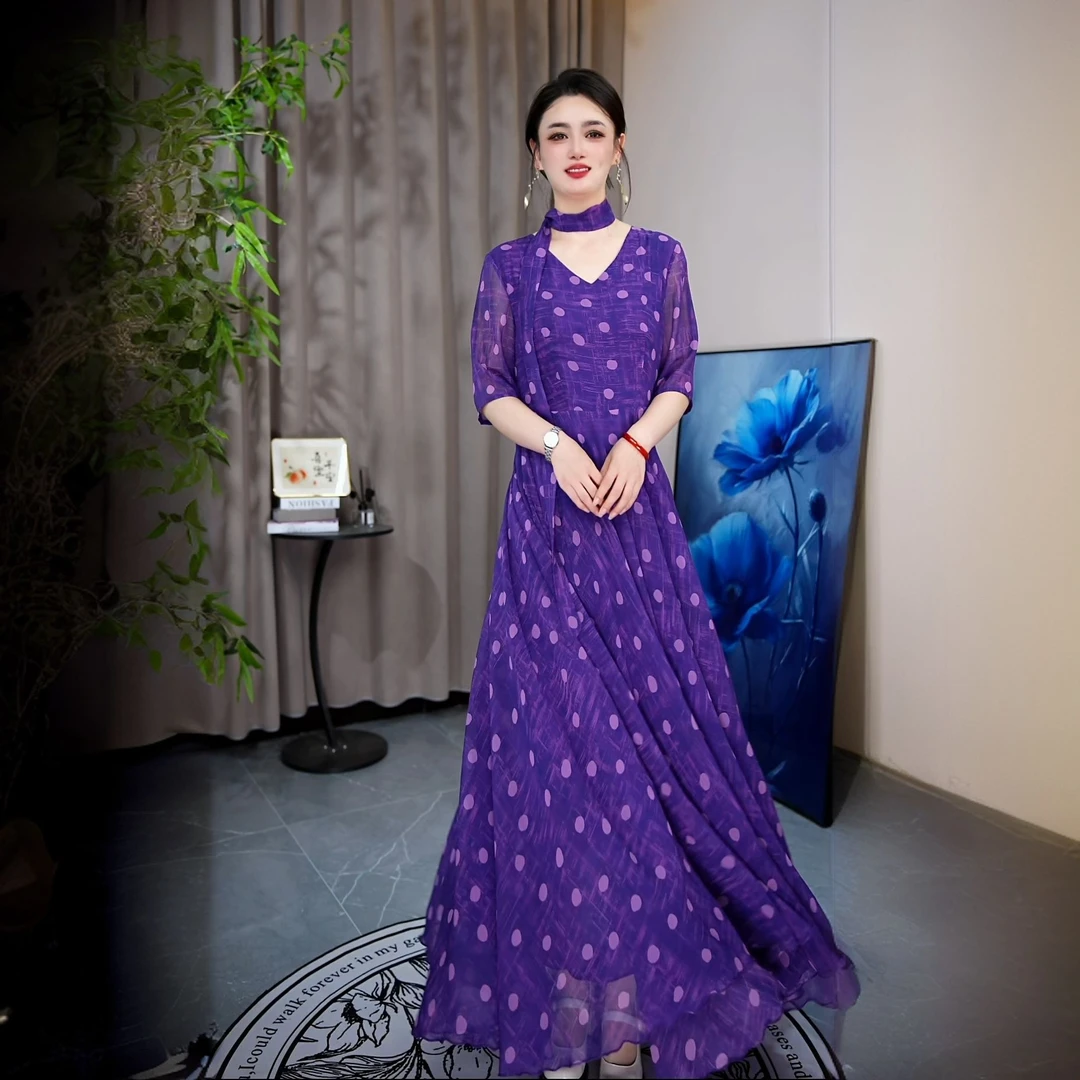 2025夏新款连衣裙中袖大摆裙长裙紫纹波点X698-25A