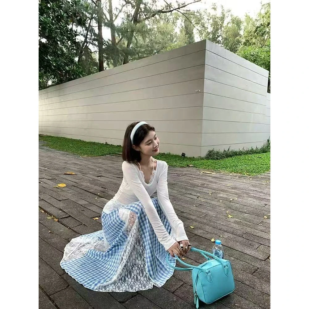 春季新款设计感蕾丝花边拼接蓝色格纹半身裙高腰显瘦裙子套装8439