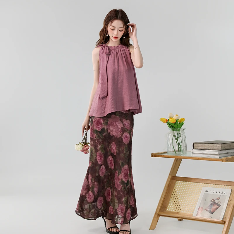 夏季新款小众温柔优雅气质系带碎花鱼尾摆长款半身裙两件套装裙女