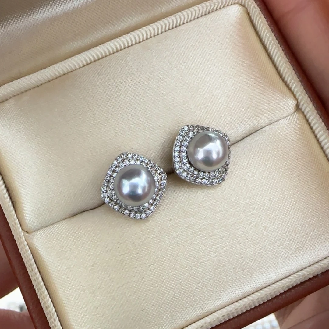 海水珍珠银S925镶嵌耳饰