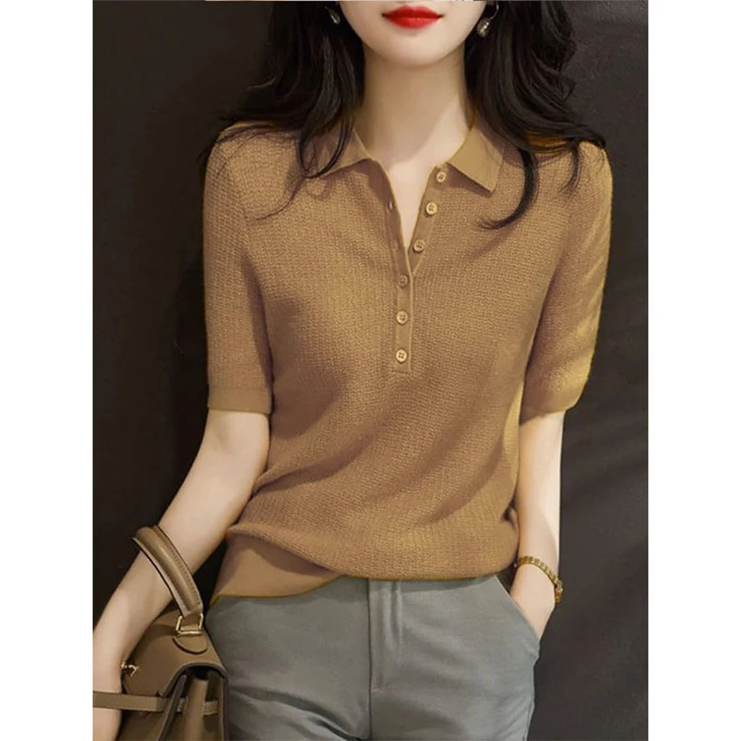 2025年夏季纽扣POLO领五分袖针织衫女装新款气质修身显瘦T恤上衣