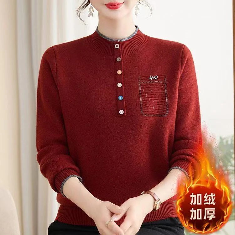 中老年女装中老年长袖中年妈妈加肥针织秋装加绒毛衣YD25225
