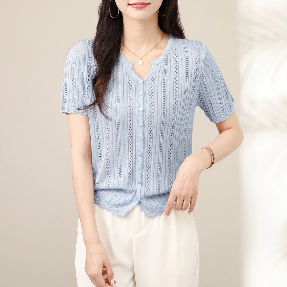 设计感剪刀领镂空短袖开衫女薄初秋洋气宽松休闲打底女针织衫上衣