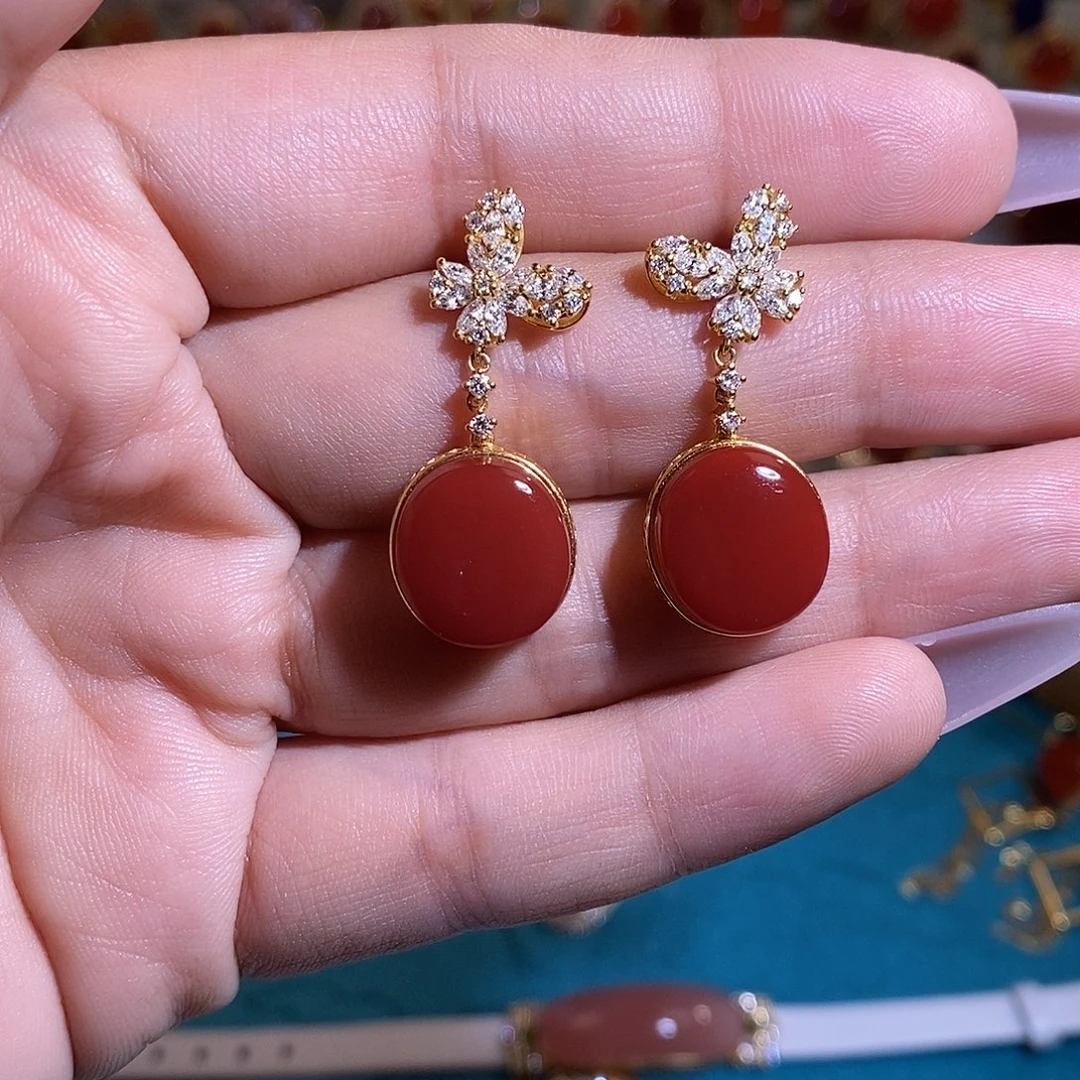 南红玛瑙18K金镶嵌耳饰