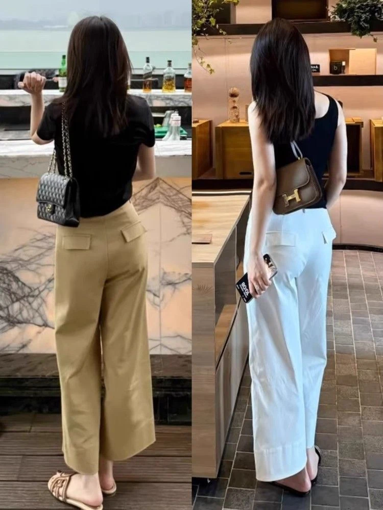 卡其色高腰直筒阔腿休闲裤女秋季新款显瘦梨形身材小个子九分裤