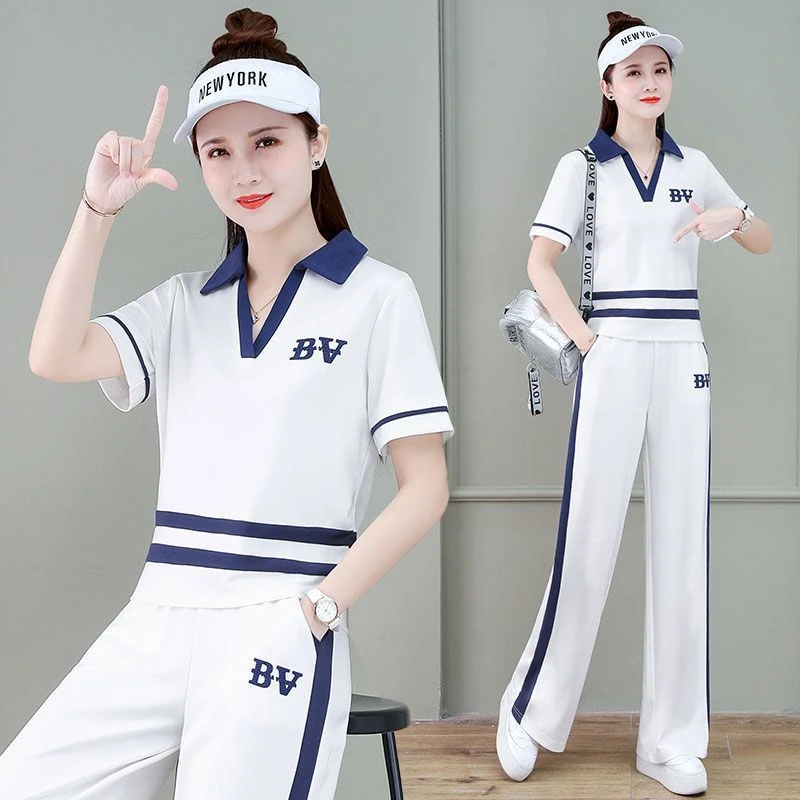 休闲运动套装女夏季2025新款妈妈宽松时尚减龄阔腿裤跑步服两件套