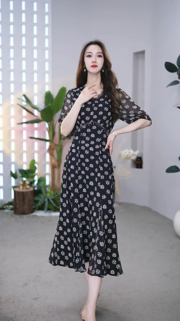 【BW】精致气质显瘦碎花蕾丝时尚设计夏季洋气连衣裙-25-S99