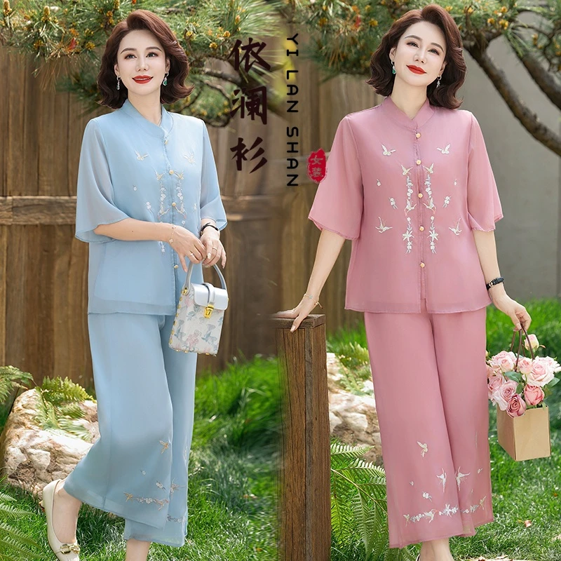 气质妈妈夏装新中式雪纺衬衣中老年女装高贵洋气小衫国风两件套装