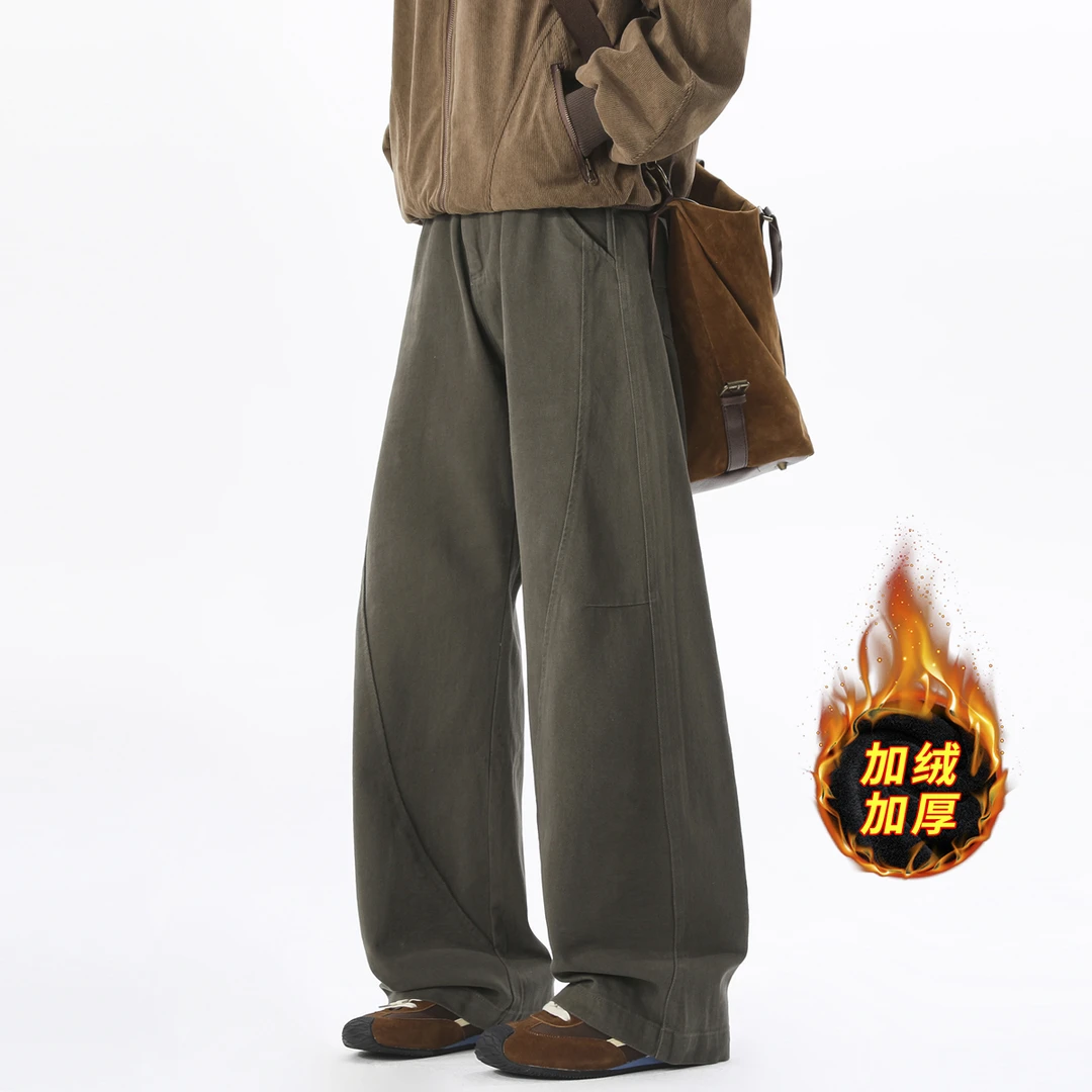 重磅美式休闲加绒秋冬纯棉拼接做旧垂感宽松百搭直筒显瘦工装裤