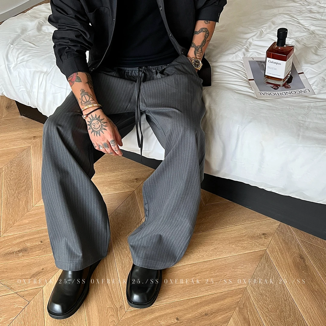 OXFREAK「立体收褶 老钱风」灰色条纹休闲裤男松紧腰直筒宽松裤子