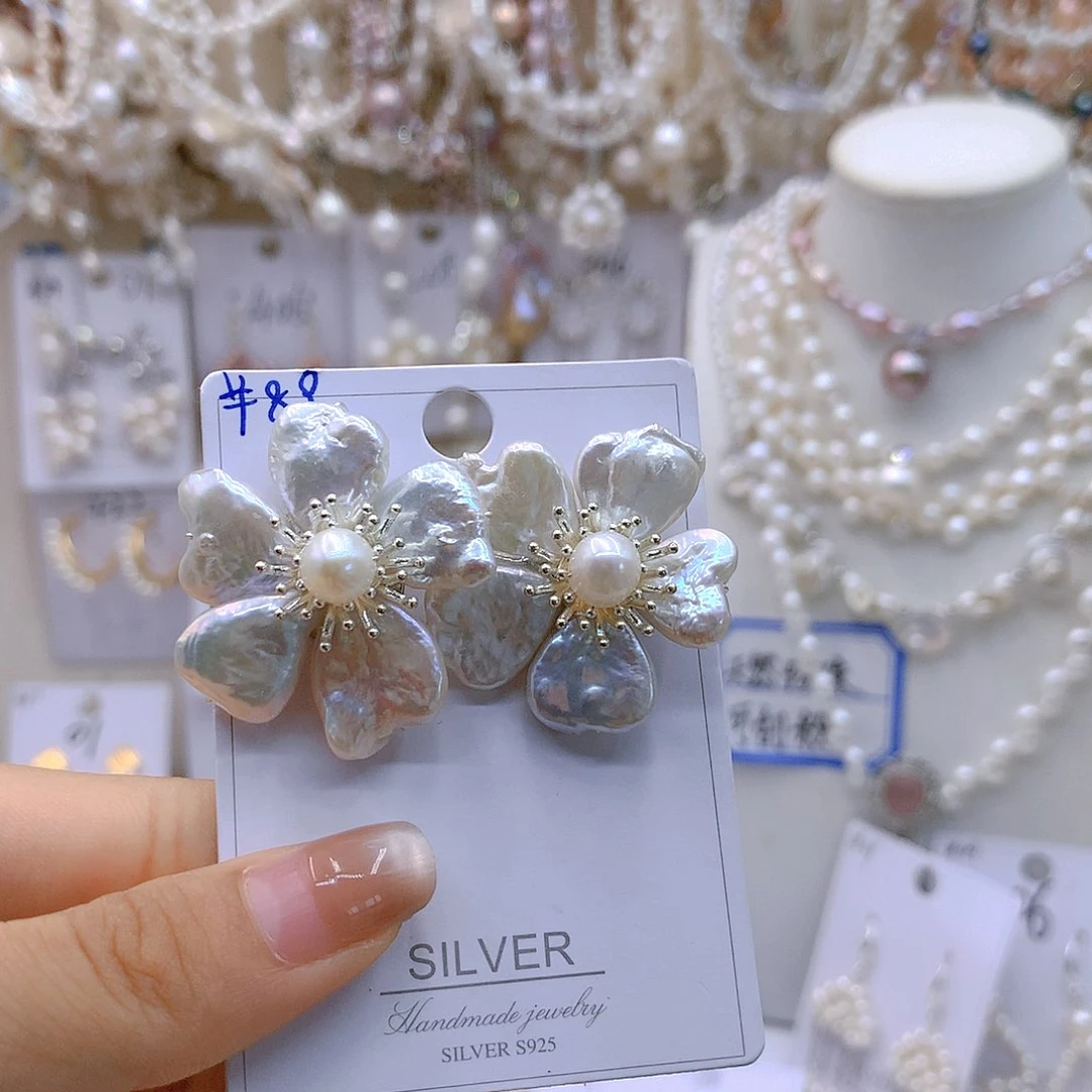 银S925镶嵌淡水珍珠耳饰乐*