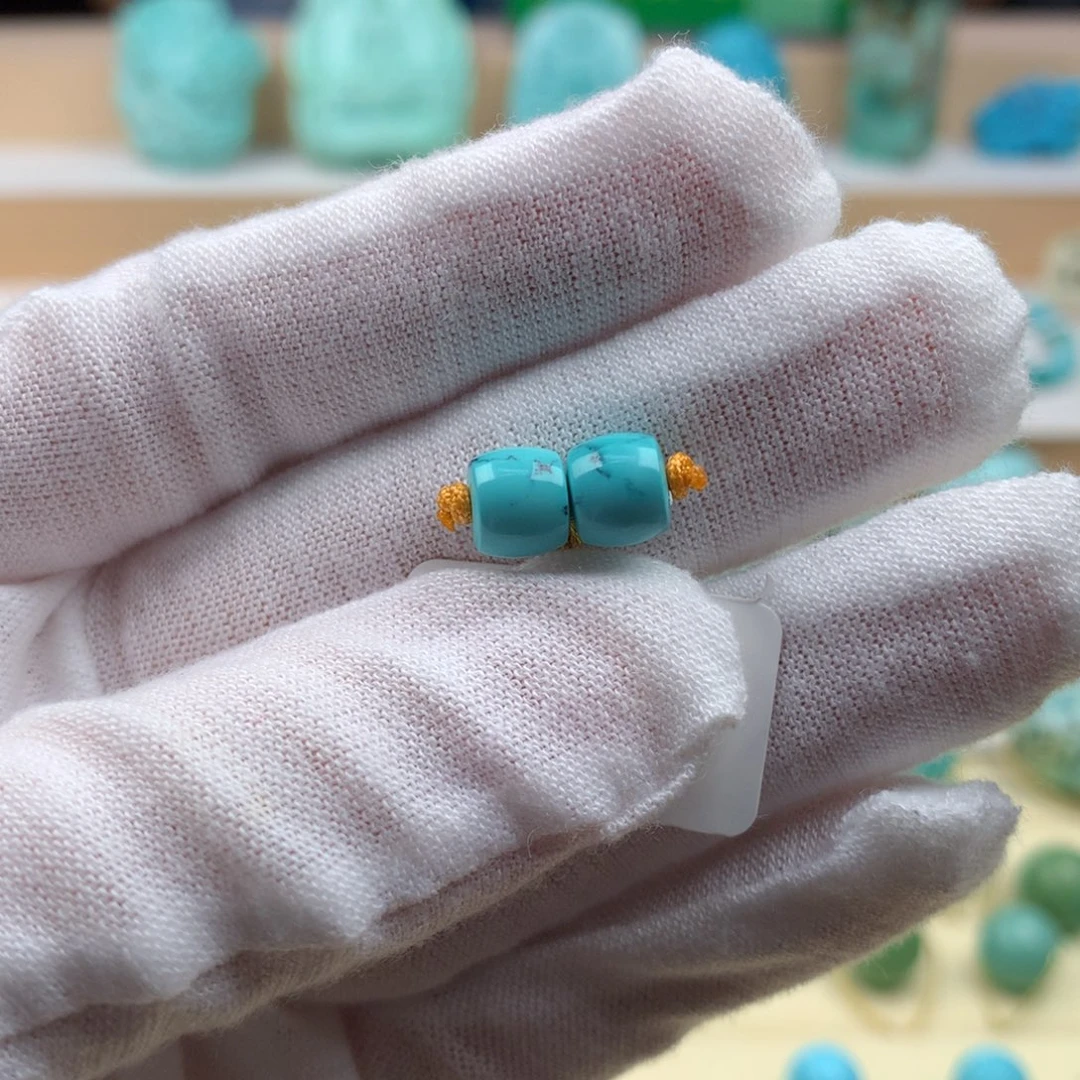 未镶嵌绿松石珠宝奇石高瓷蓝直切对珠7.1