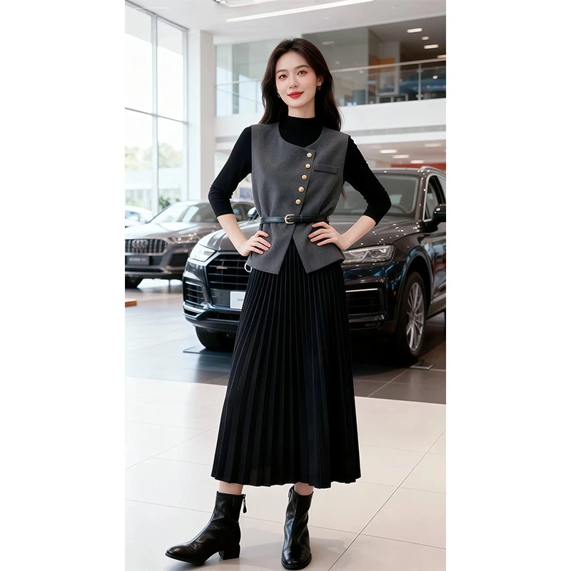 小香风毛呢西装马甲长裙套装女秋冬2024新款小个子气质减龄三件套