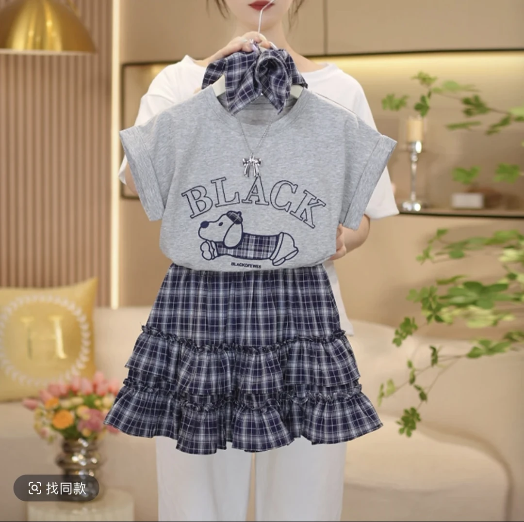 女童套装套裙夏装3-15岁6休闲字母砍肩袖T恤大童格子半身裙两件套