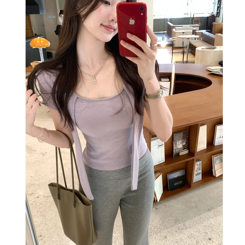 夏季绑带方领短袖T恤纯欲通勤小众设计感竹节百搭修身