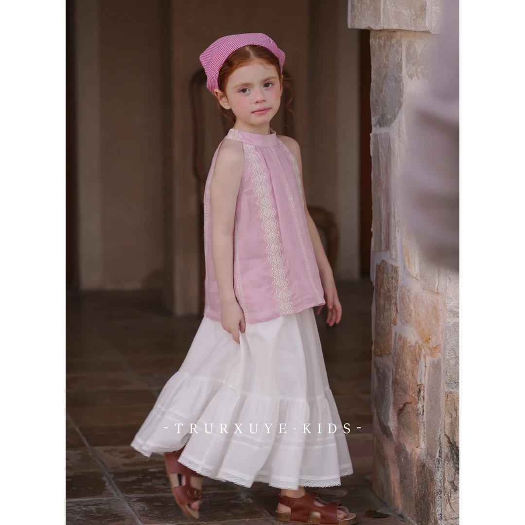 【100%苎麻】初煦女童夏季绣花上衣复古优雅法式蕾丝女童夏装套装