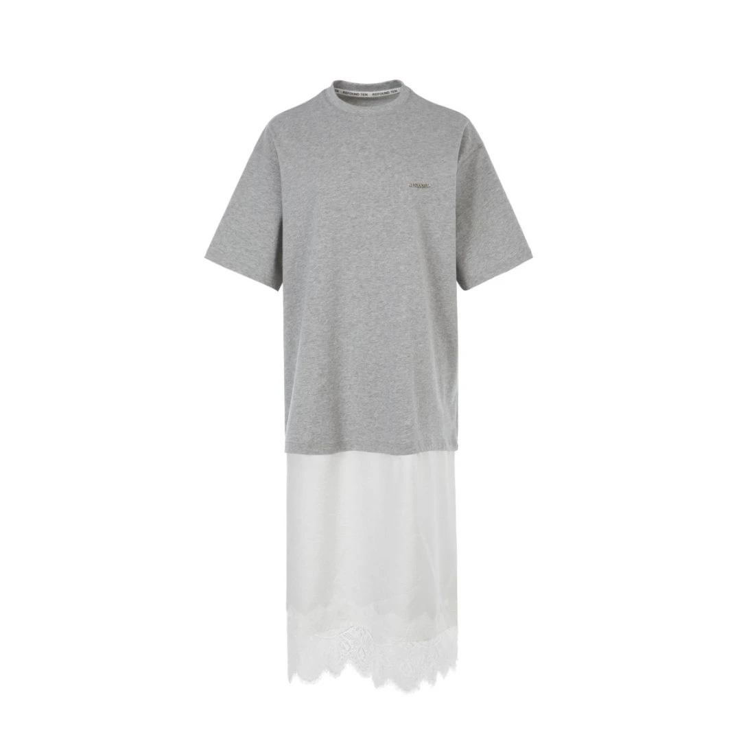 【REFOUND TEN】新品25春夏中长款宽松拼接蕾丝短袖连衣裙