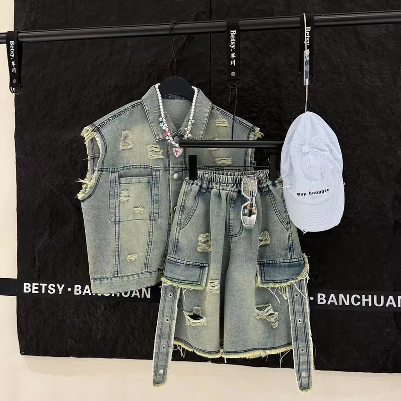 男童牛仔套装夏款两件套破洞套装儿童宽松时尚潮流百搭短款韩版潮