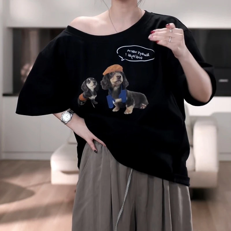 2025夏季韩版休闲显瘦上衣斜肩印花小狗宽松短袖T恤女LK2504741