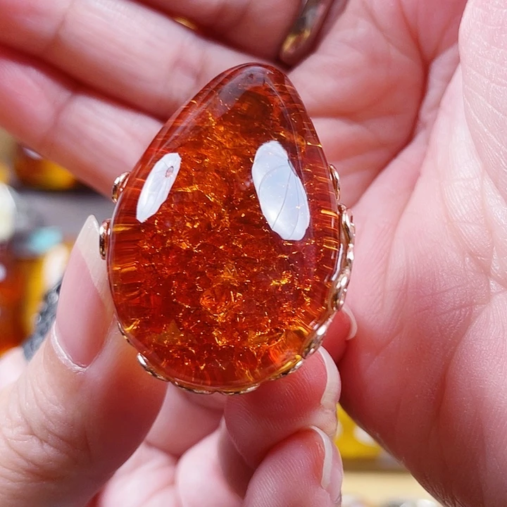 琥珀银S925镶嵌裸石戒指