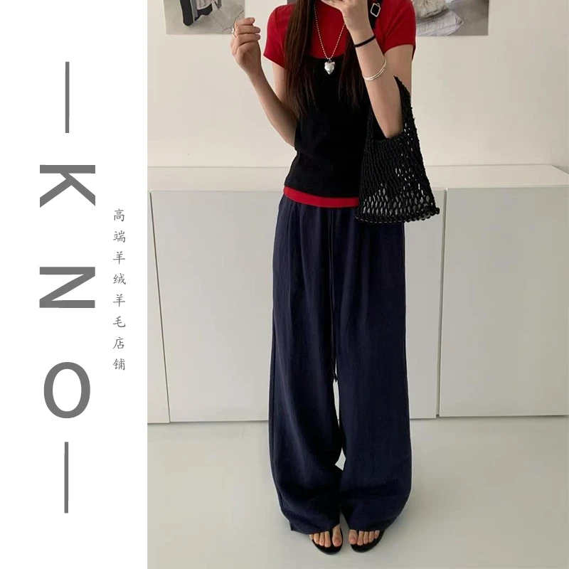 【KNO】夏季新款藏蓝色慵懒风宽松阔腿裤显瘦时尚休闲百搭裤子