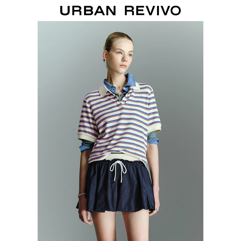 UR2025春季新款女装复古撞色条纹Polo领马球衫UYY450108