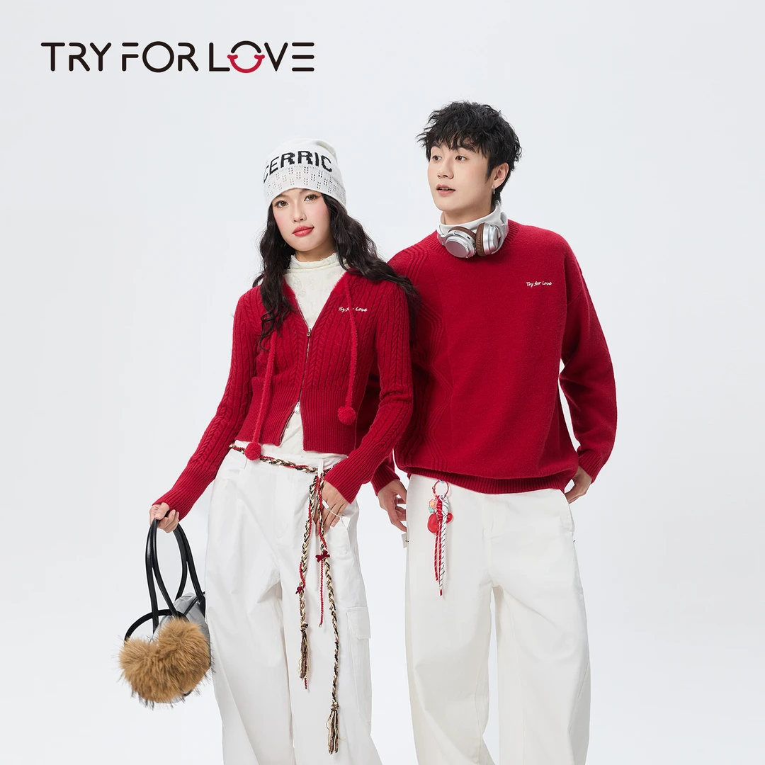 TRYFORLOVE秋冬季复古毛针织衫红色情侣休闲连帽毛衣修身显瘦上衣