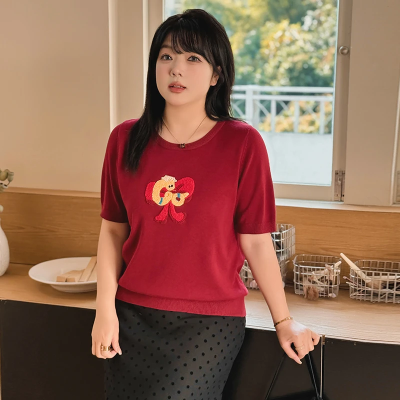 清*大码圆领提花上衣女短袖T恤2025春款胖mm宽松休闲针织衫22822