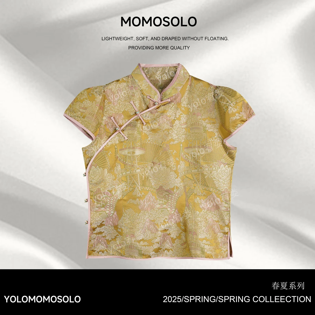 MOMOSOLO•千山里•2025夏100%桑蚕丝斜襟盘扣千里江山图上衣YM1895