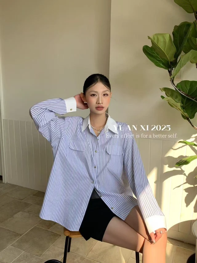 「波利&露西」蓝色条纹衬衫时尚复古设计感