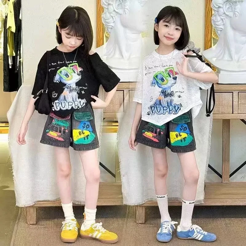 女童装夏季时髦洋气t套装中大儿童女孩露肩T恤时尚牛仔短裤两件套