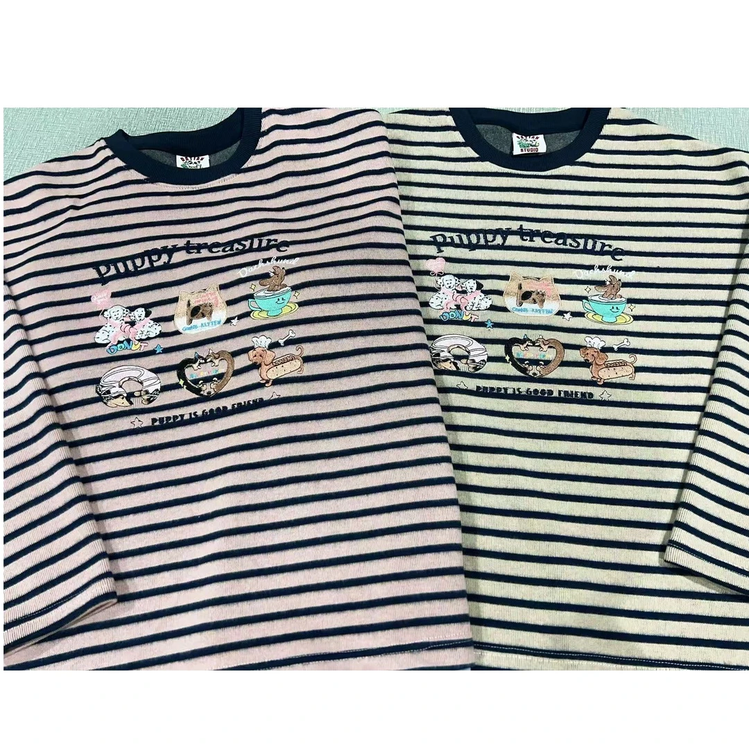 661#大婷家-横条磨毛拉绒蕾丝花边打底衫 茶杯腊肠狗