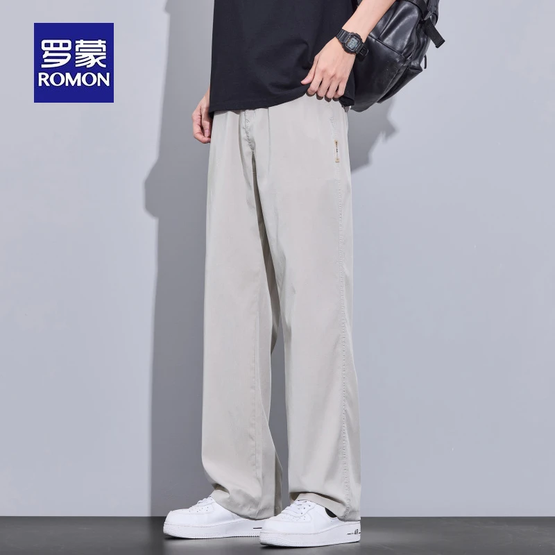 Romon/罗蒙男士宽松直筒2025夏季薄款美式潮牌莱赛尔天丝休闲裤子
