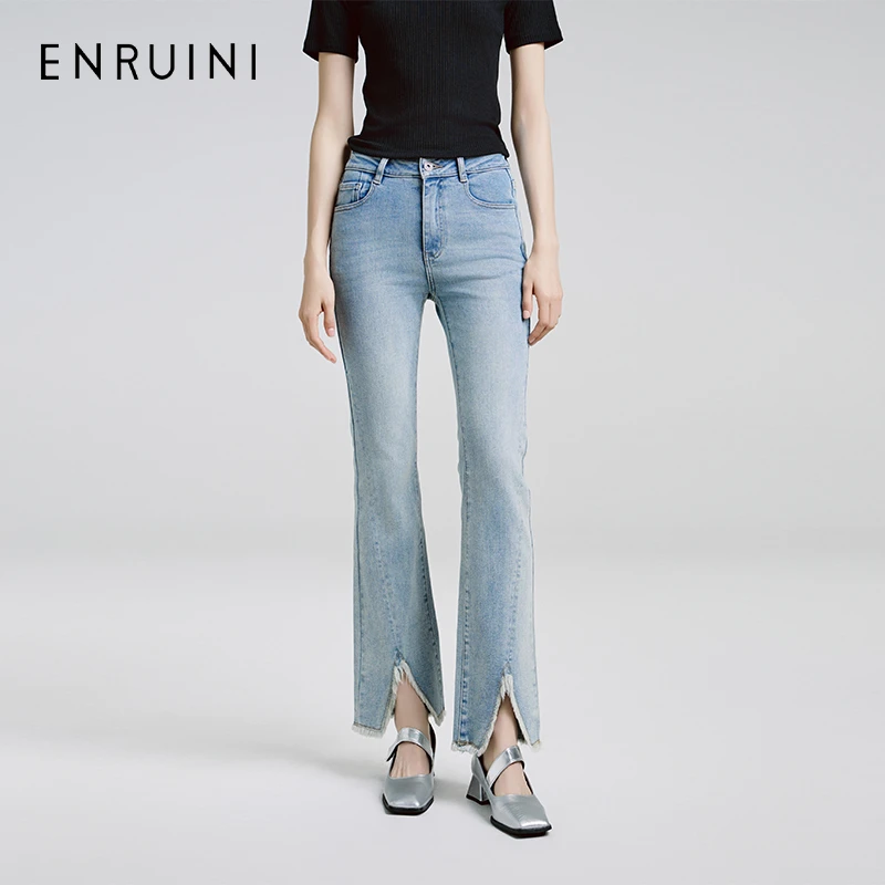恩瑞妮2025款夏时尚气质女装百搭显瘦微喇牛仔裤开叉ESCN2B211