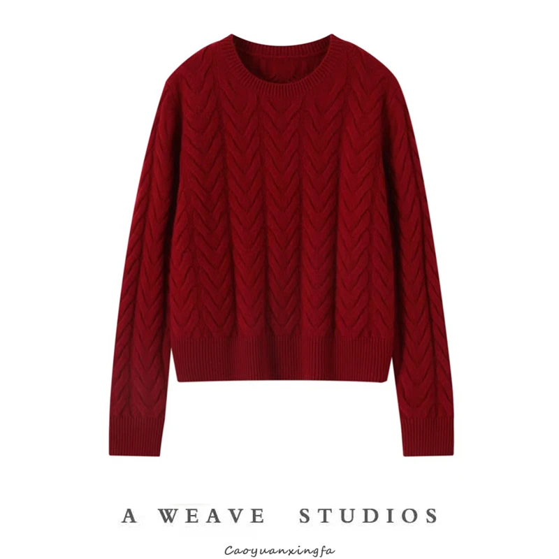 LP款100%全羊毛提花圆领红色针织衫毛衣