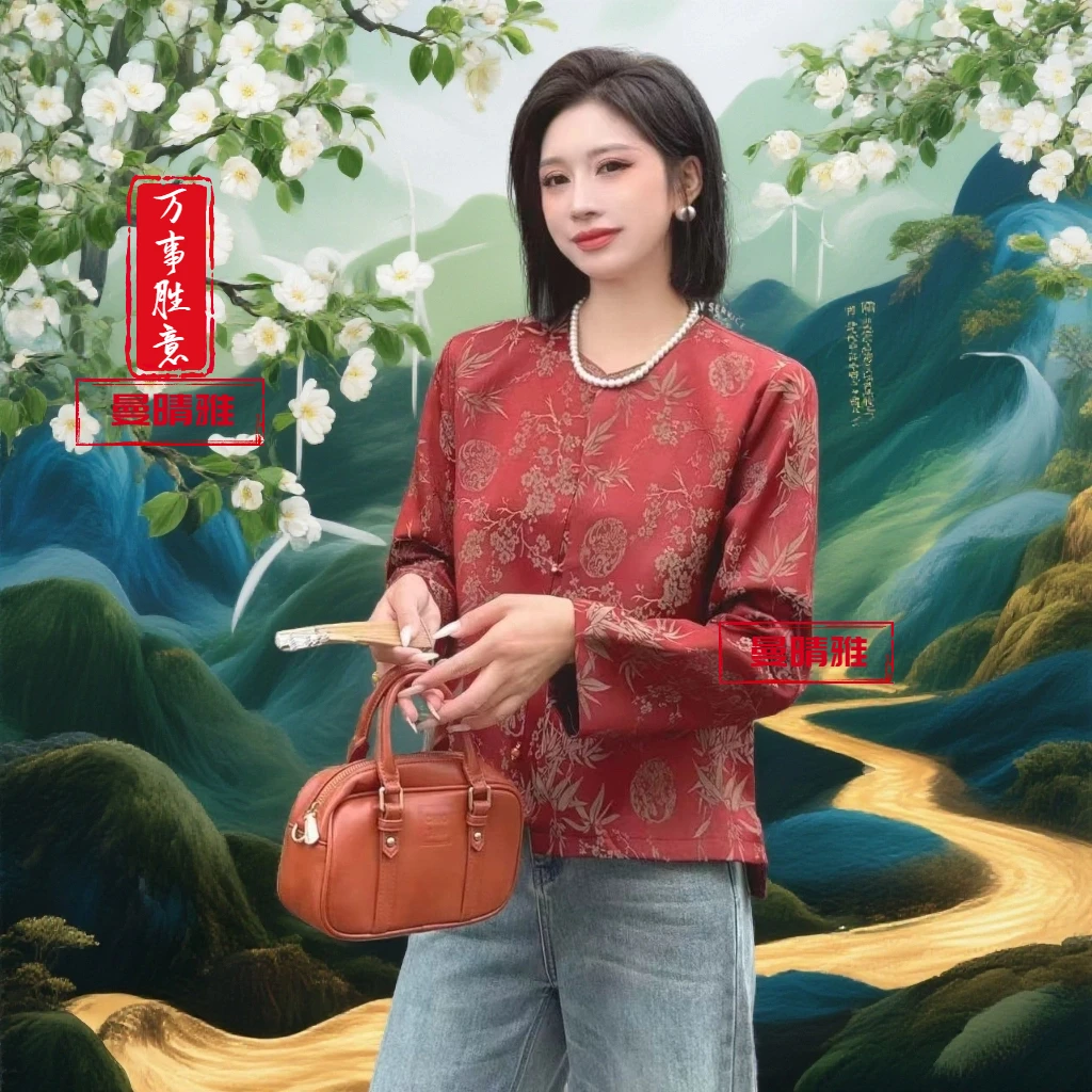 中国风亲肤蚕丝外套长袖薄款厚款提花圆领印花上衣休闲时尚复古