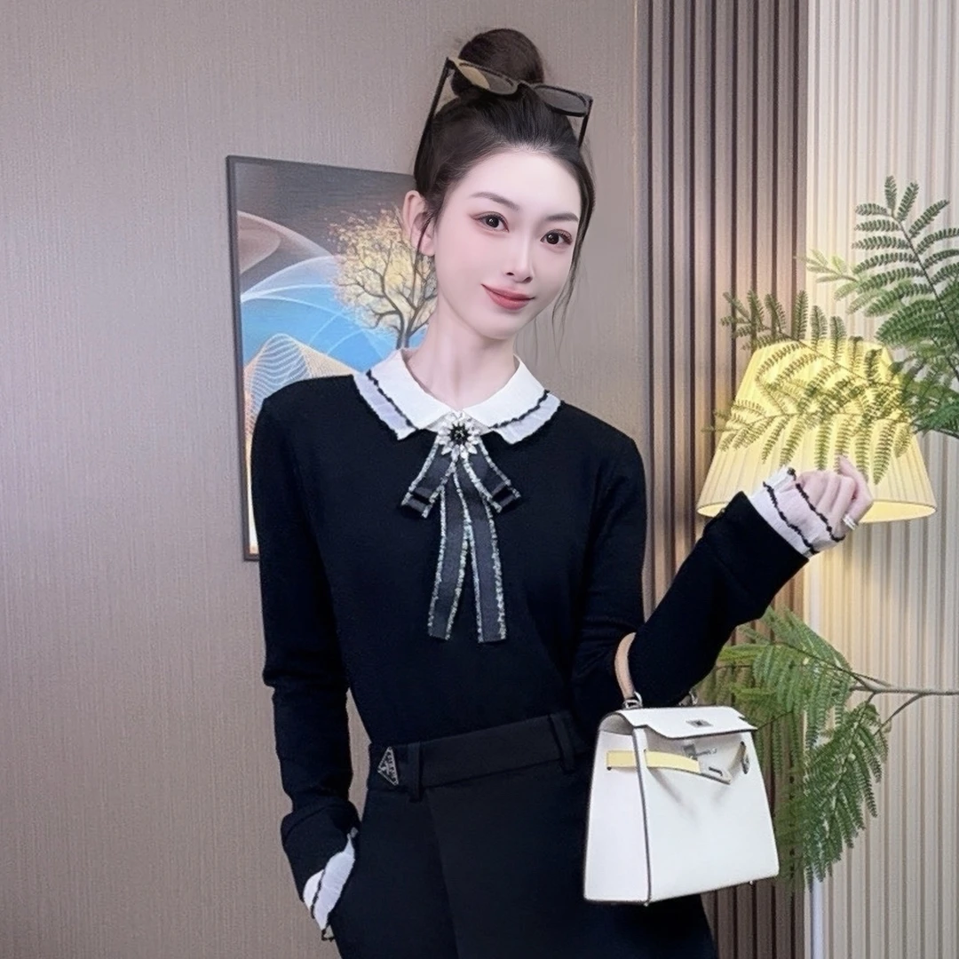 气质百搭蕾丝边胸针名媛娃娃领针织上衣