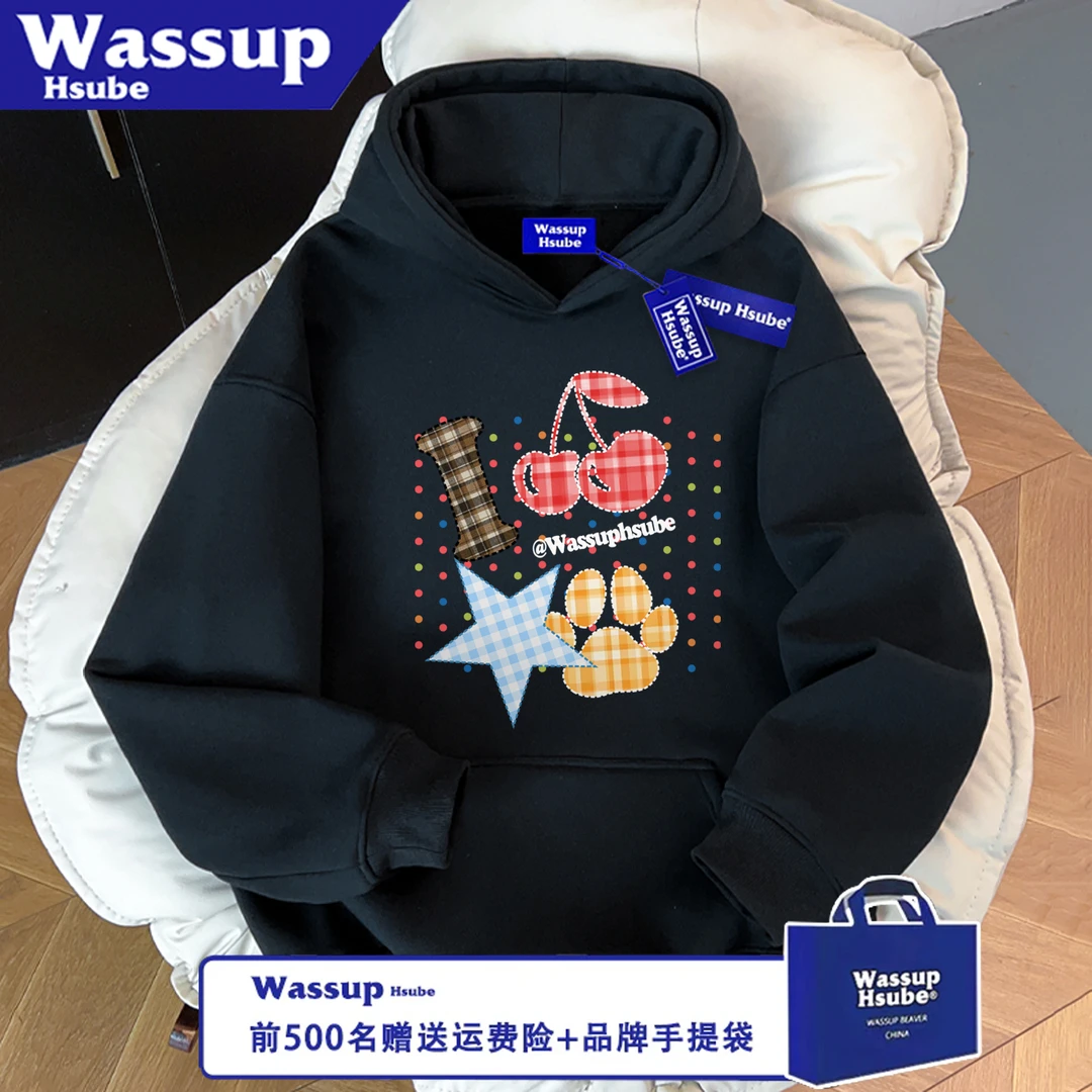 WASSUP HSUBE休闲百搭宽松印花长袖格子星星樱桃秋冬卫衣情侣上衣
