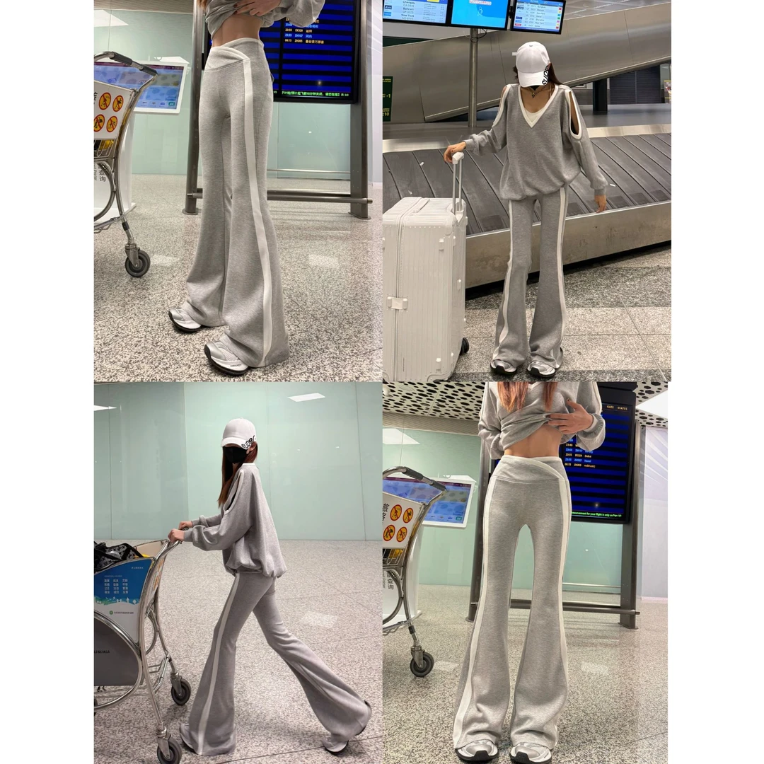 李婉君撞色针织微喇裤女早秋新款休闲风显瘦拖地裤LWJ25B2K1028li