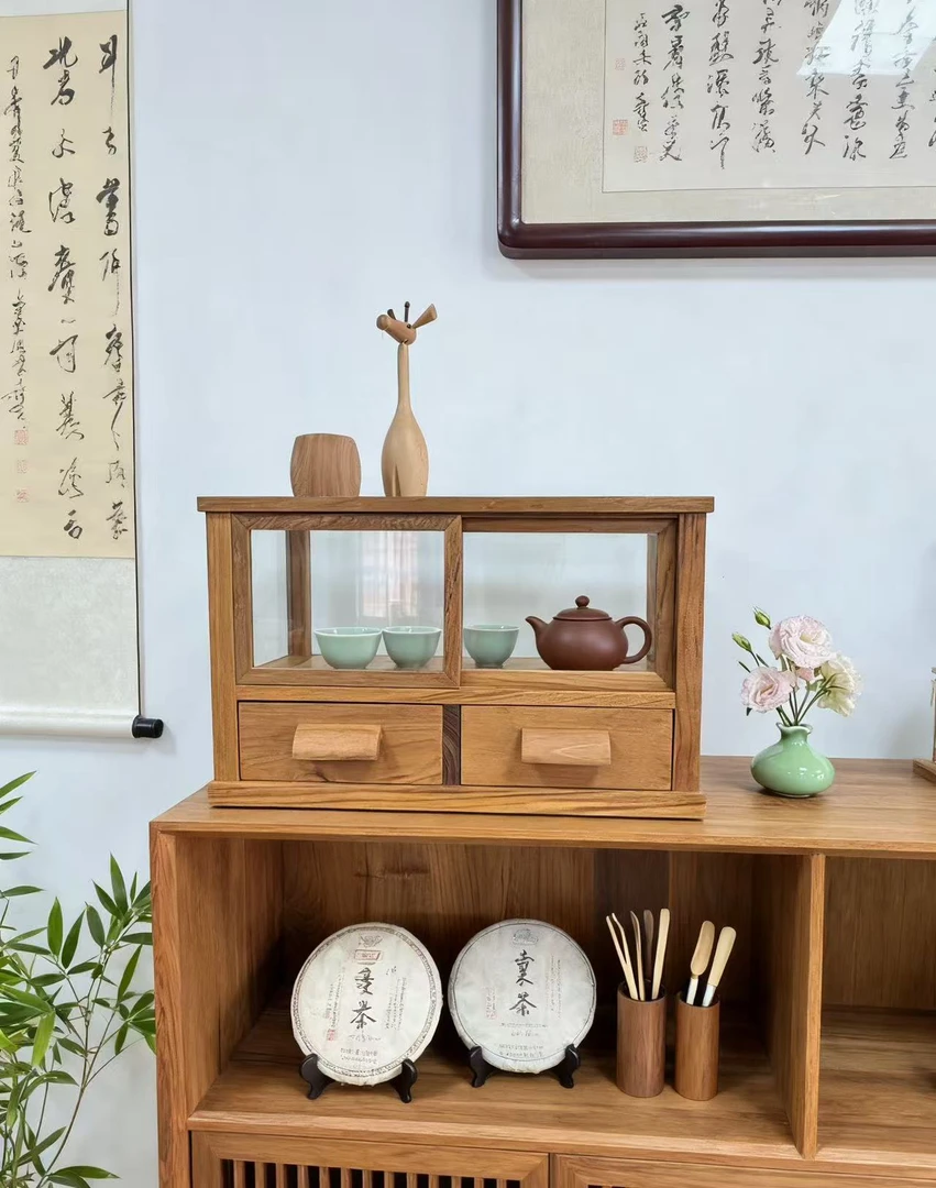 缅甸柚木卯榫玲珑柜中式复古风工艺品摆件原木收纳茶水柜
