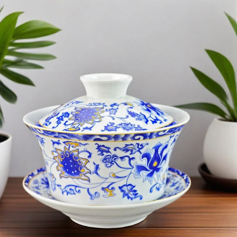 大号陶瓷盖碗八宝茶三炮台带盖大碗大容量青花泡茶三才碗350ml