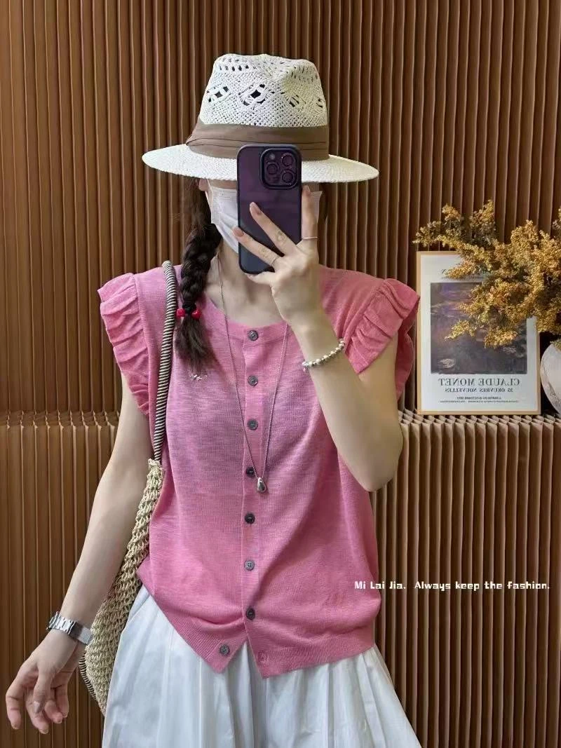 女士上衣网红纯色短款衬衫圆领无袖薄款显瘦毛针织衫气质洋气时尚