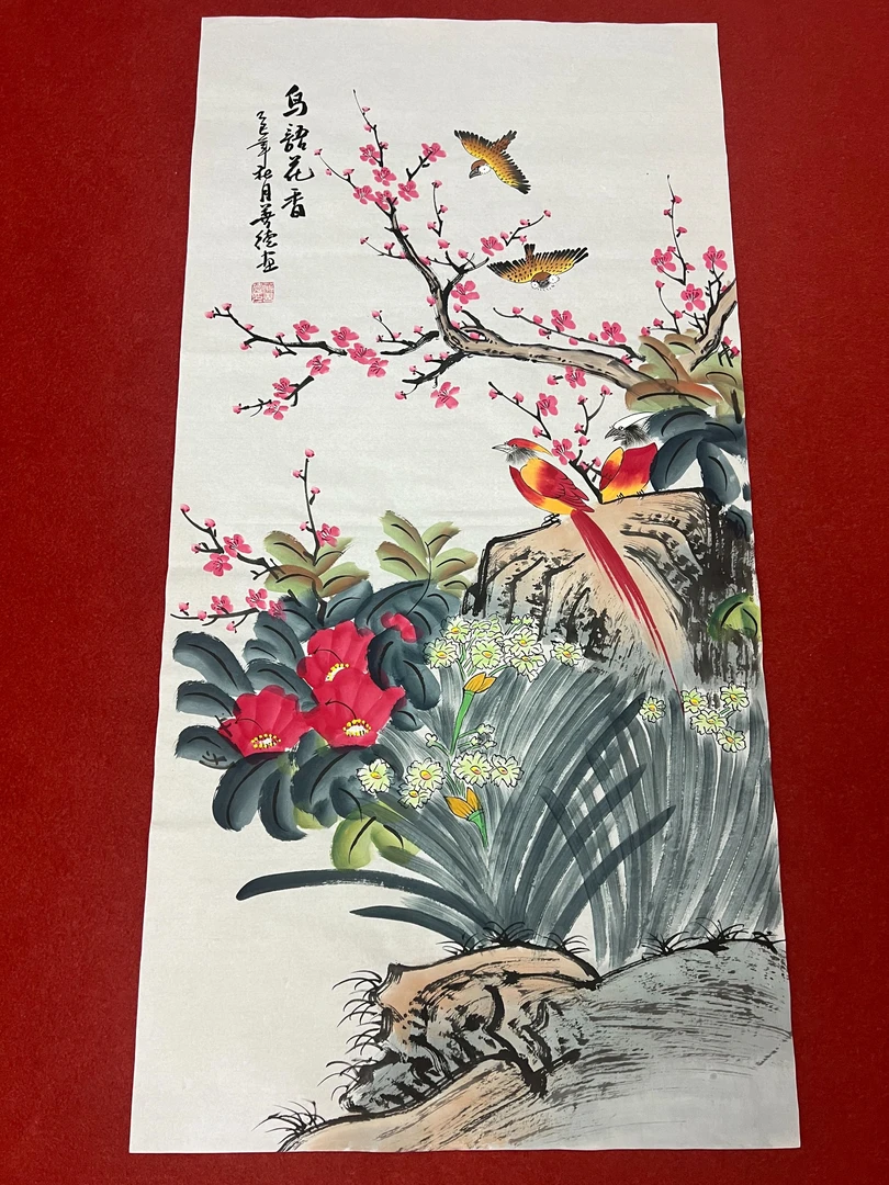 325三尺50x100cm鸟语花香双燕火鸟玄关书房客厅现代手工装饰画